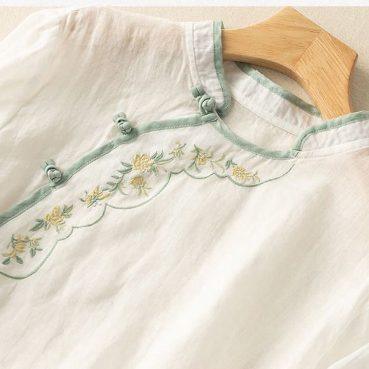 Chemise décontractée en coton et lin pour femme, col incliné, broderie, boutons grenouille, motif Buddha Stones - image 14