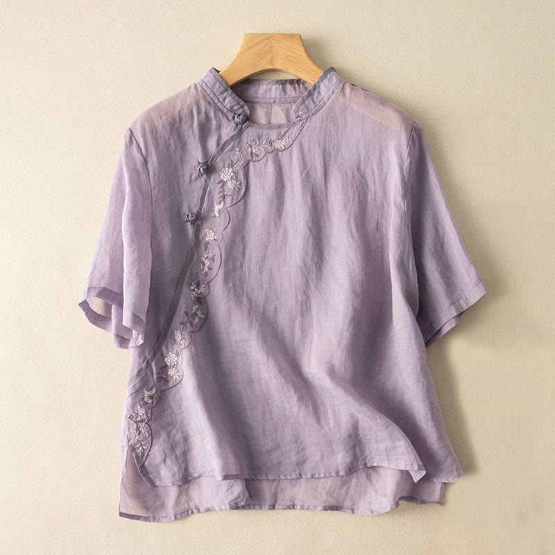 Chemise décontractée en coton et lin pour femme, col incliné, broderie, boutons grenouille, motif Buddha Stones - Prune - US16，UK/AU20，EU48 (3XL) - image 15