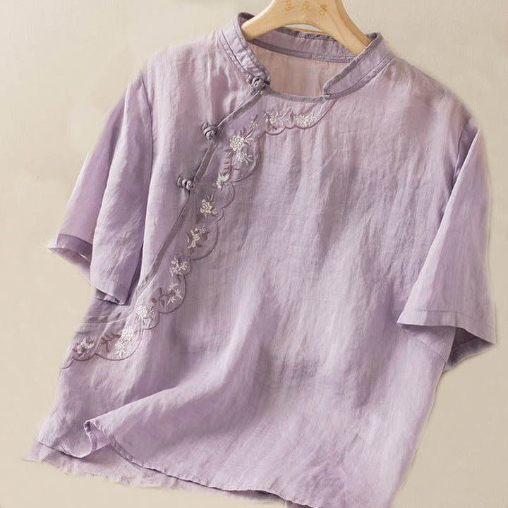 Chemise décontractée en coton et lin pour femme, col incliné, broderie, boutons grenouille, motif Buddha Stones - image 17