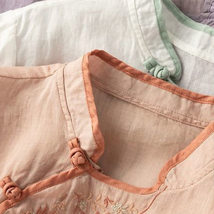 Chemise décontractée en coton et lin pour femme, col incliné, broderie, boutons grenouille, motif Buddha Stones - image 18