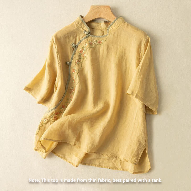 Chemise décontractée en coton et lin pour femme, col incliné, broderie, boutons grenouille, motif Buddha Stones - image 1