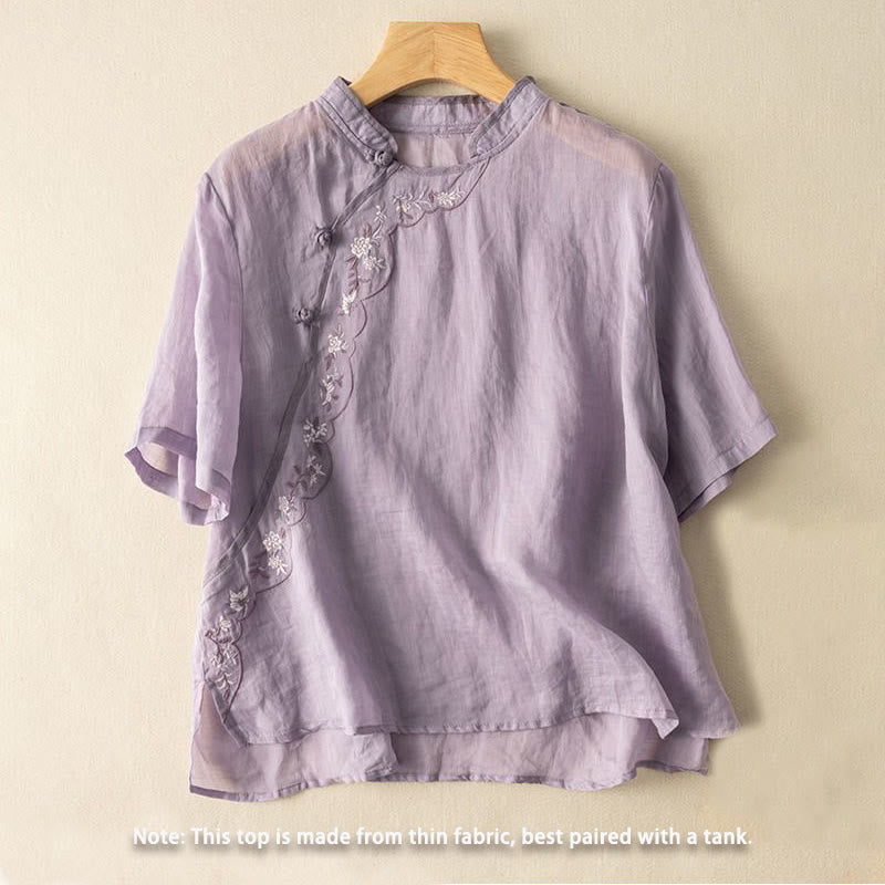 Chemise décontractée en coton et lin pour femme, col incliné, broderie, boutons grenouille, motif Buddha Stones - image 16