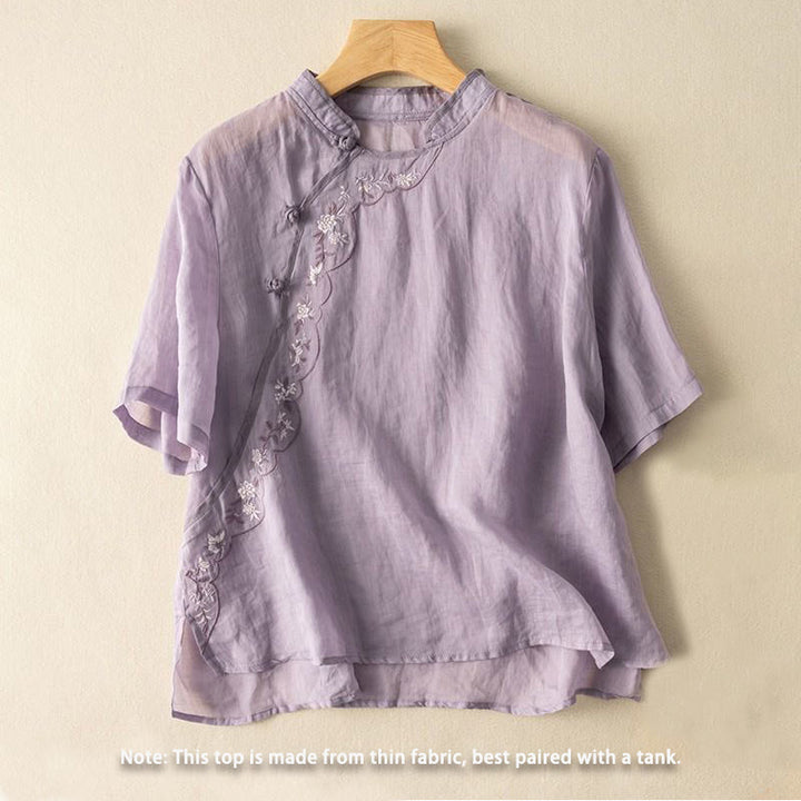 Chemise décontractée en coton et lin pour femme, col incliné, broderie, boutons grenouille, motif Buddha Stones - image 16