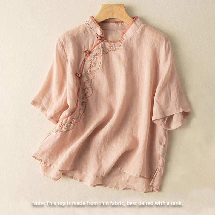 Chemise décontractée en coton et lin pour femme, col incliné, broderie, boutons grenouille, motif Buddha Stones - image 3