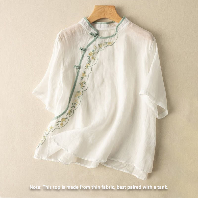 Chemise décontractée en coton et lin pour femme, col incliné, broderie, boutons grenouille, motif Buddha Stones - image 11
