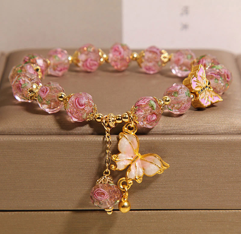 Bracelet Liuli avec breloque papillon et fleur de rose et Buddha Stones - Liuli rose (tour de poignet : 18 cm) - image 7