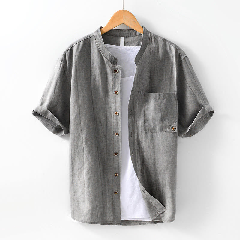 Chemise homme à manches courtes en coton et lin avec poches et boutons simples Motif Buddha Stones - Gris - US/UK/AU42，EU52 (3XL) - image 1