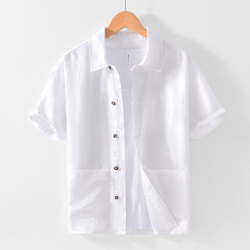 Chemise en lin à manches courtes et poches pour homme, boutons de couleur unie, motif Buddha Stones - Blanc - US/UK/AU42，EU52 (3XL) - image 7