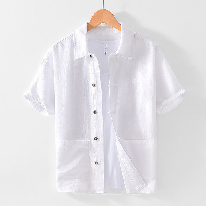 Chemise en lin à manches courtes et poches pour homme, boutons de couleur unie, motif Buddha Stones - Blanc - US/UK/AU42，EU52 (3XL) - image 7