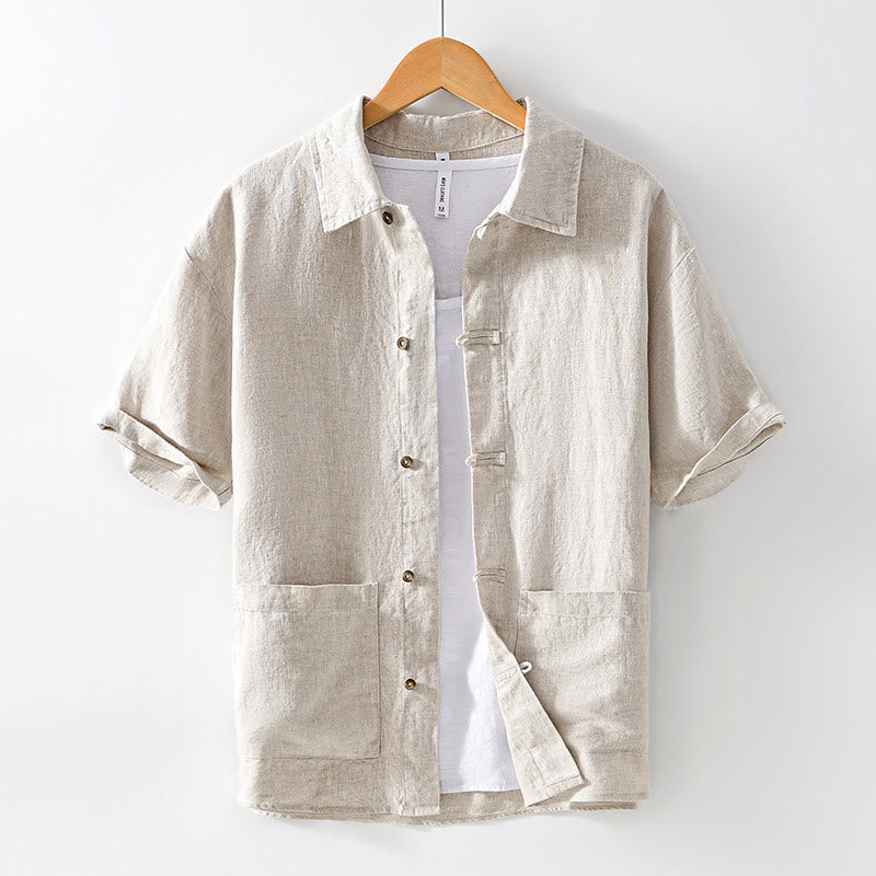 Chemise en lin à manches courtes et poches pour homme, boutons de couleur unie, motif Buddha Stones - Beige - US/UK/AU42，EU52 (3XL) - image 1