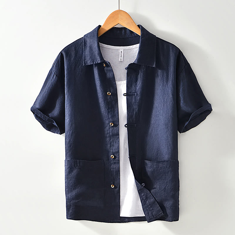 Chemise en lin à manches courtes et poches pour homme, boutons de couleur unie, motif Buddha Stones - Bleu nuit - US/UK/AU42，EU52 (3XL) - image 12