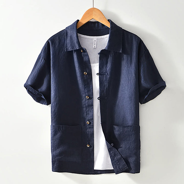 Chemise en lin à manches courtes et poches pour homme, boutons de couleur unie, motif Buddha Stones - Bleu nuit - US/UK/AU42，EU52 (3XL) - image 12