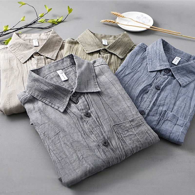Chemise à manches longues en lin ramie avec poches pour homme, style rétro, plissée et boutons, motif Buddha Stones - image 22
