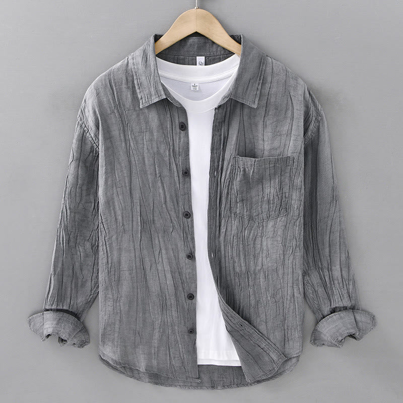 Chemise à manches longues en lin ramie avec poches pour homme, style rétro, plissée et boutons, motif Buddha Stones - Gris ardoise clair - US/UK/AU42，EU52 (3XL) - image 1