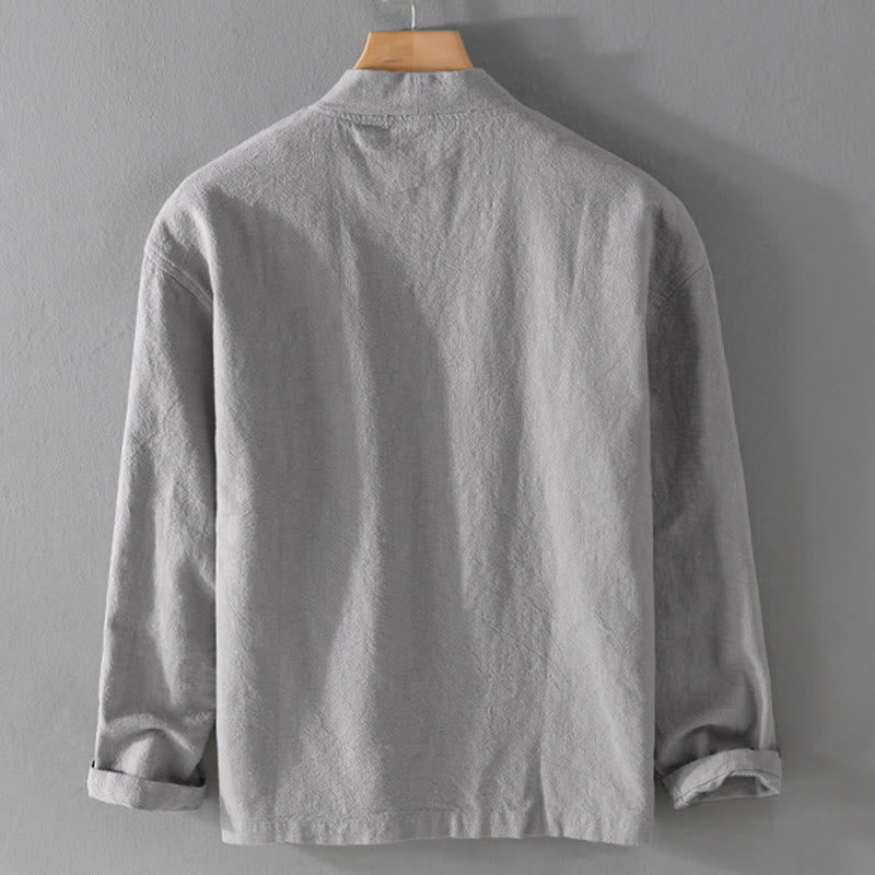 Chemise homme à manches longues en coton et lin, motif Buddha Stones, couleur unie, col montant - image 9