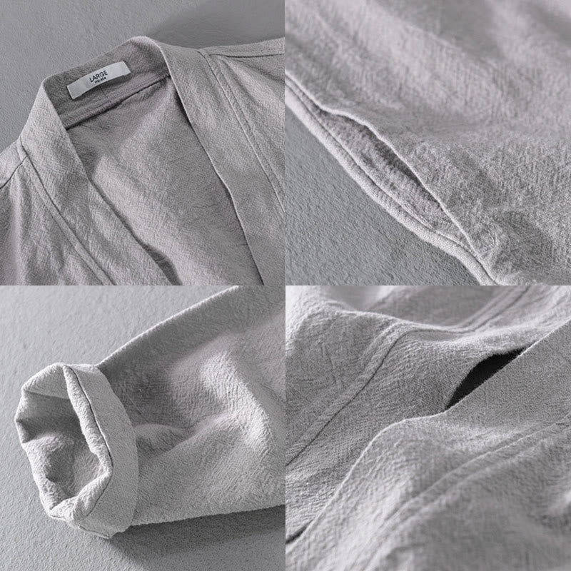Chemise homme à manches longues en coton et lin, motif Buddha Stones, couleur unie, col montant - image 17