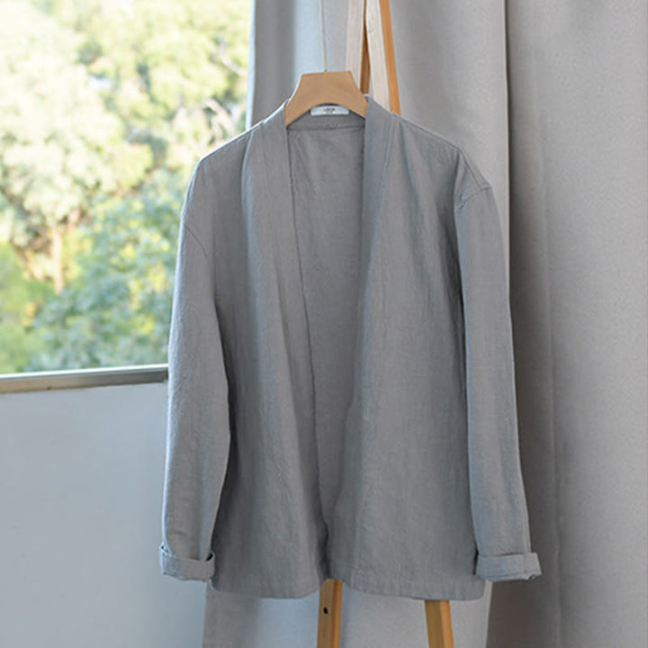 Chemise homme à manches longues en coton et lin, motif Buddha Stones, couleur unie, col montant - image 10