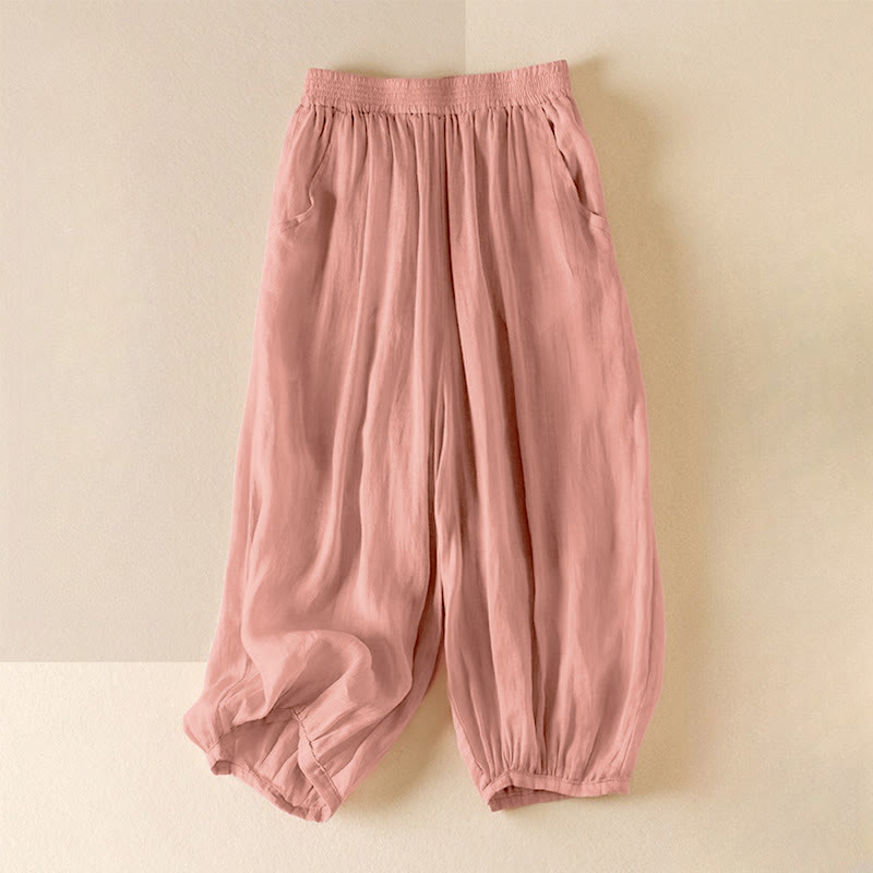 Pantalon court décontracté d'été Buddha Stones pour femme, sarouel double épaisseur en coton et lin avec poches - Rose - US8-10，UK/AU12-14，EU40-42 (2XL) - image 0