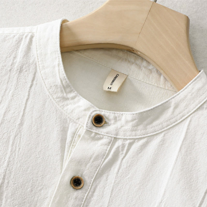 Chemise homme en coton et lin à manches longues et col montant avec Buddha Stones unis et demi-boutons - image 7