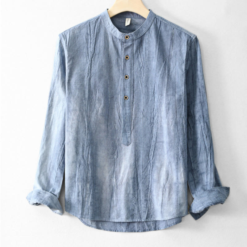 Chemise homme en coton et lin à manches longues et col montant avec Buddha Stones unis et demi-boutons - BleuetBleu - US/UK/AU44，EU54 (4XL) - image 10