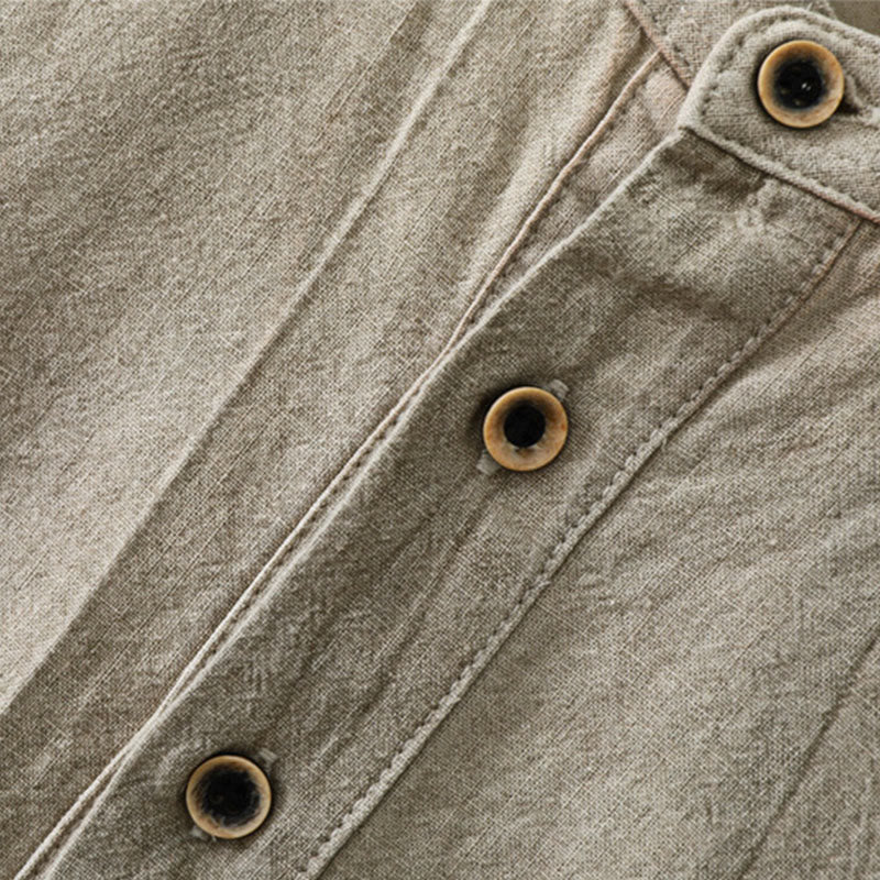 Chemise homme en coton et lin à manches longues et col montant avec Buddha Stones unis et demi-boutons - image 3