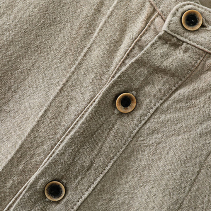 Chemise homme en coton et lin à manches longues et col montant avec Buddha Stones unis et demi-boutons - image 3