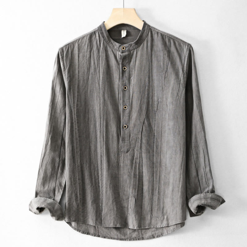 Chemise homme en coton et lin à manches longues et col montant avec Buddha Stones unis et demi-boutons - Gris ardoise clair - US/UK/AU44，EU54 (4XL) - image 13