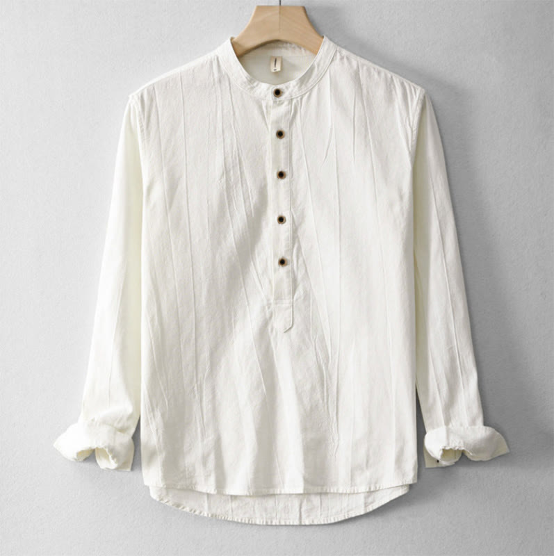 Chemise homme en coton et lin à manches longues et col montant avec Buddha Stones unis et demi-boutons - FloralBlanc - US/UK/AU44，EU54 (4XL) - image 6