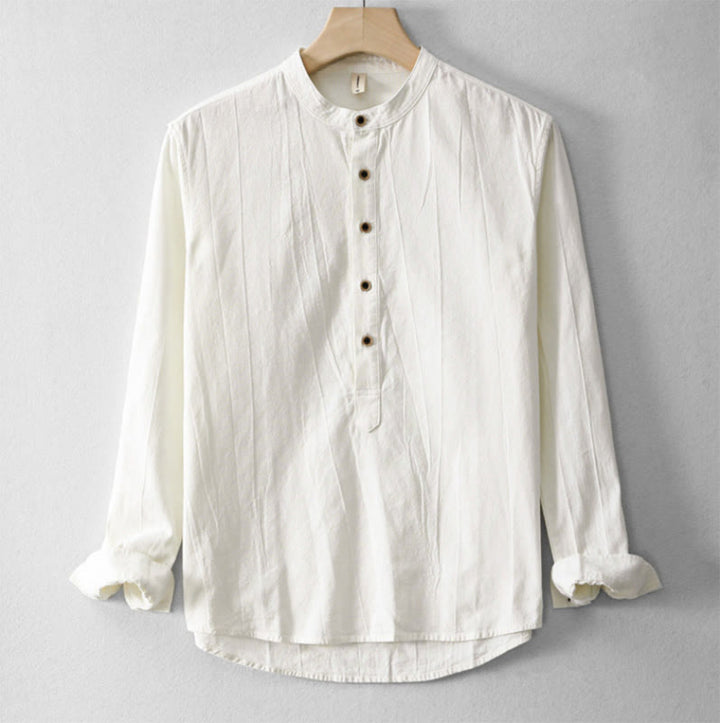 Chemise homme en coton et lin à manches longues et col montant avec Buddha Stones unis et demi-boutons - FloralBlanc - US/UK/AU44，EU54 (4XL) - image 6