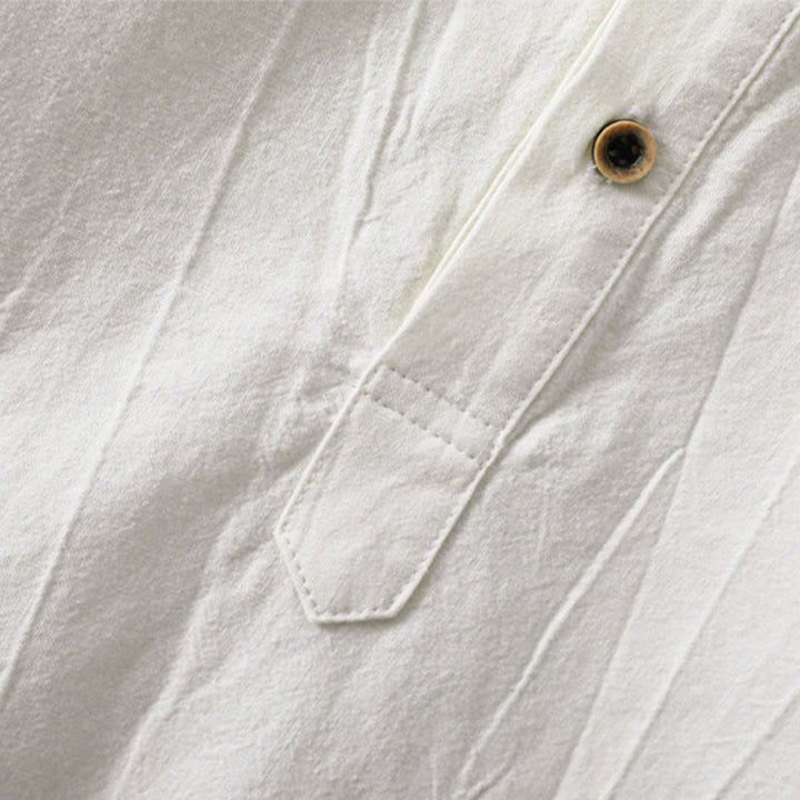 Chemise homme en coton et lin à manches longues et col montant avec Buddha Stones unis et demi-boutons - image 8