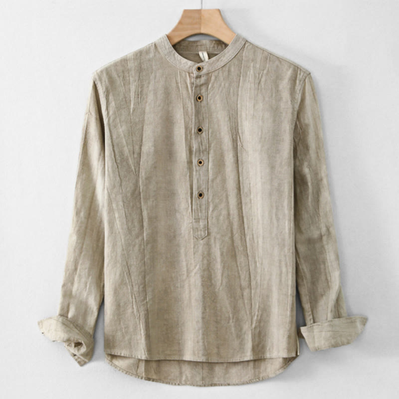 Chemise homme en coton et lin à manches longues et col montant avec Buddha Stones unis et demi-boutons - Kaki foncé - US/UK/AU44，EU54 (4XL) - image 1