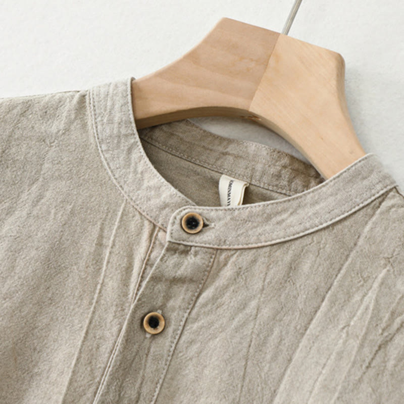 Chemise homme en coton et lin à manches longues et col montant avec Buddha Stones unis et demi-boutons - image 2