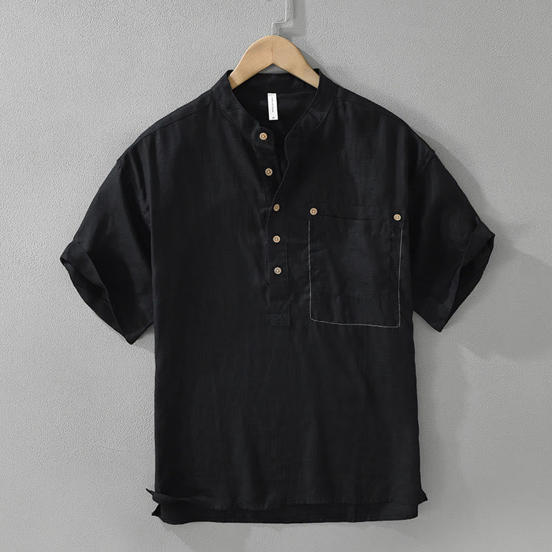Chemise d'été en lin à manches courtes et poches pour homme, motif Buddha Stones, revers à demi-boutons - Noir - US/UK/AU42，EU52 (3XL) - image 1