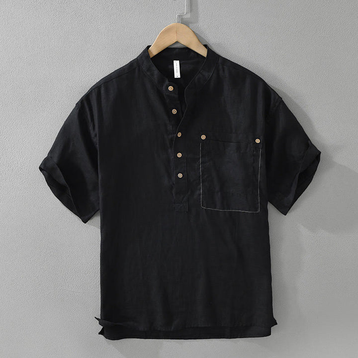 Chemise d'été en lin à manches courtes et poches pour homme, motif Buddha Stones, revers à demi-boutons - Noir - US/UK/AU42，EU52 (3XL) - image 1