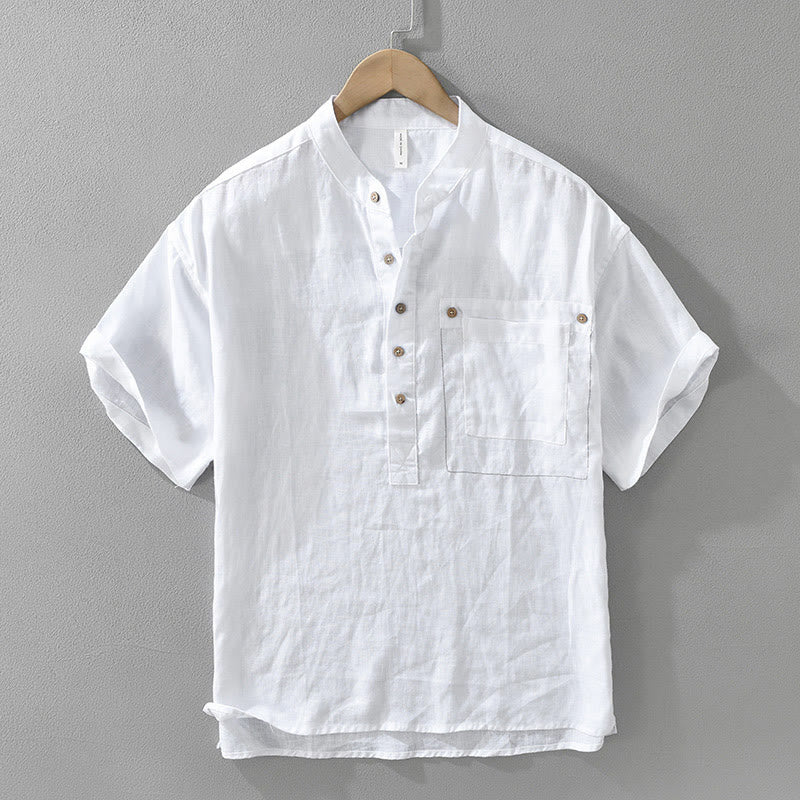 Chemise d'été en lin à manches courtes et poches pour homme, motif Buddha Stones, revers à demi-boutons - Blanc - US/UK/AU42，EU52 (3XL) - image 2