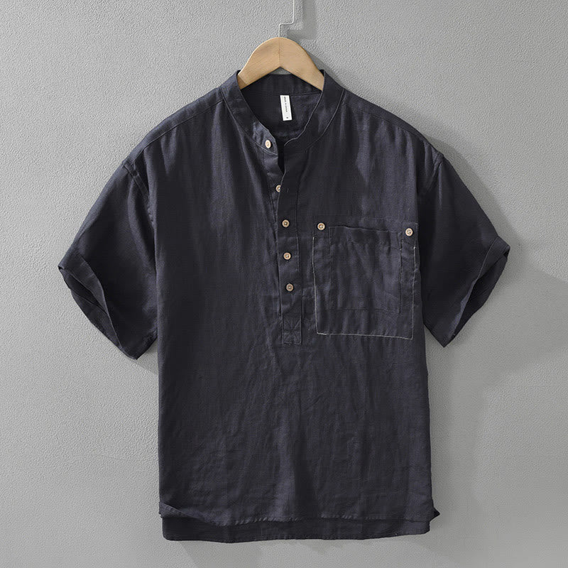 Chemise d'été en lin à manches courtes et poches pour homme, motif Buddha Stones, revers à demi-boutons - Bleu nuit - US/UK/AU42，EU52 (3XL) - image 3