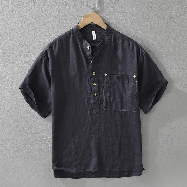 Chemise d'été en lin à manches courtes et poches pour homme, motif Buddha Stones, revers à demi-boutons - Bleu nuit - US/UK/AU42，EU52 (3XL) - image 3