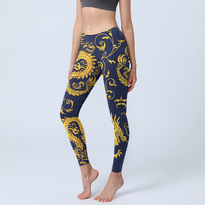 Leggings de sport à imprimé vigne et dragons dorés Buddha Stones pour femmes, pantalons de yoga - Bleu foncé - US18，UK/AU22，EU50 (4XL) - image 0