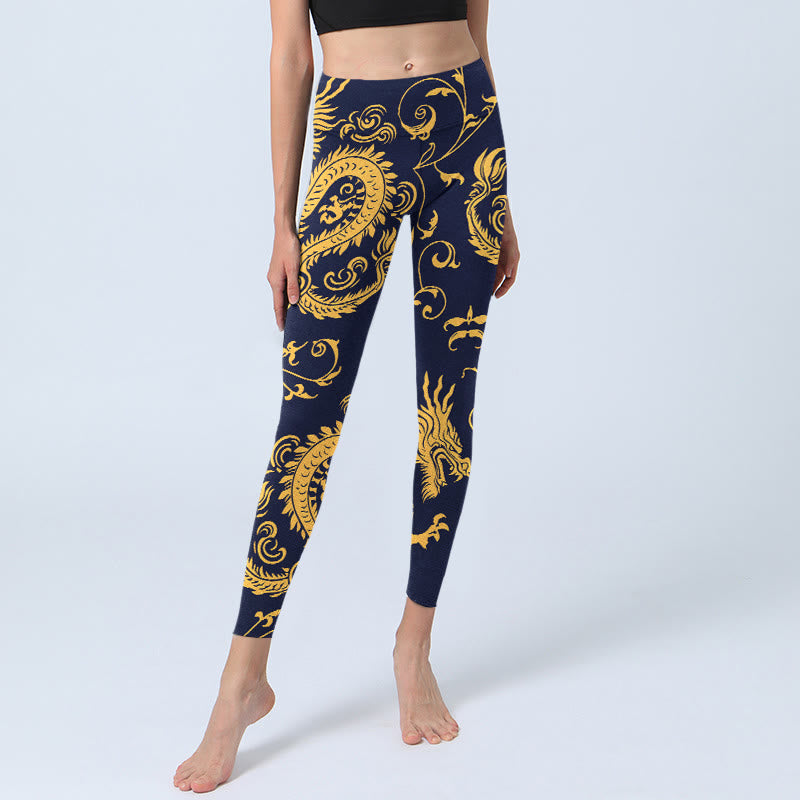 Leggings de sport à imprimé vigne et dragons dorés Buddha Stones pour femmes, pantalons de yoga - image 5