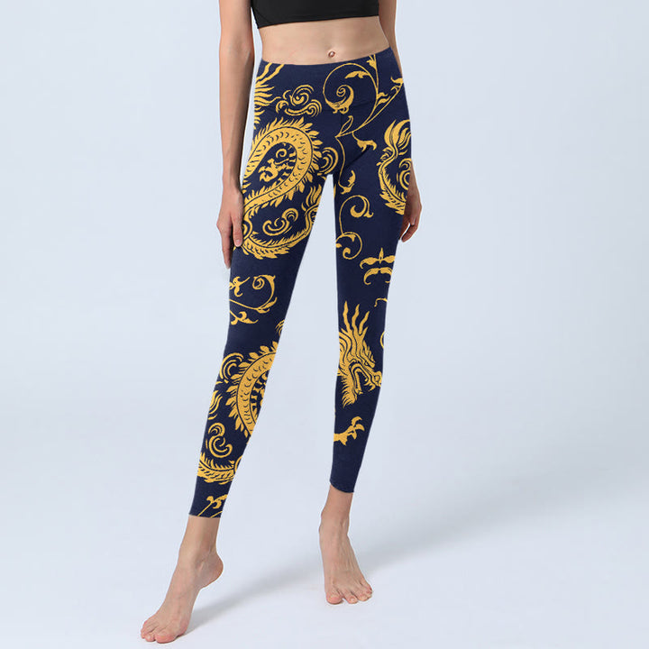 Leggings de sport à imprimé vigne et dragons dorés Buddha Stones pour femmes, pantalons de yoga - image 5