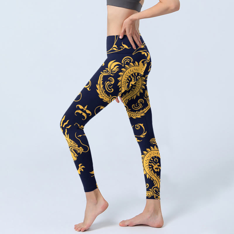 Leggings de sport à imprimé vigne et dragons dorés Buddha Stones pour femmes, pantalons de yoga - image 3