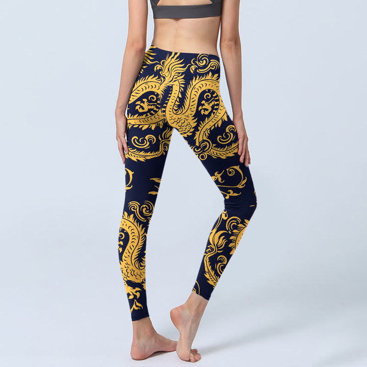 Leggings de sport à imprimé vigne et dragons dorés Buddha Stones pour femmes, pantalons de yoga - image 5