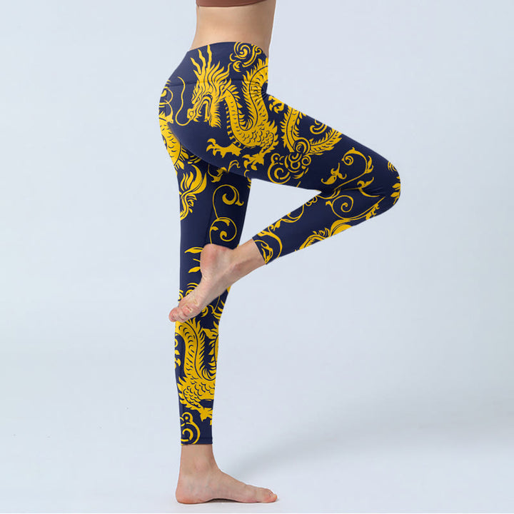 Leggings de sport à imprimé vigne et dragons dorés Buddha Stones pour femmes, pantalons de yoga - image 3