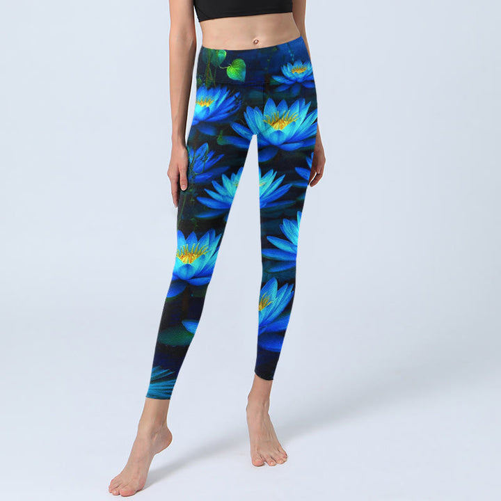 Leggings de sport à imprimé nénuphars et lotus bleu profond Buddha Stones pour femme - image 5