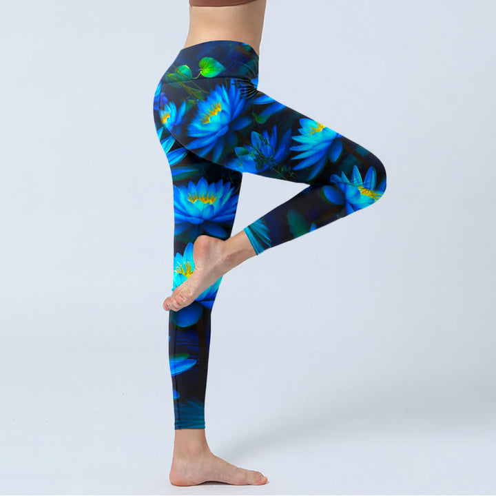Leggings de sport à imprimé nénuphars et lotus bleu profond Buddha Stones pour femme - image 3