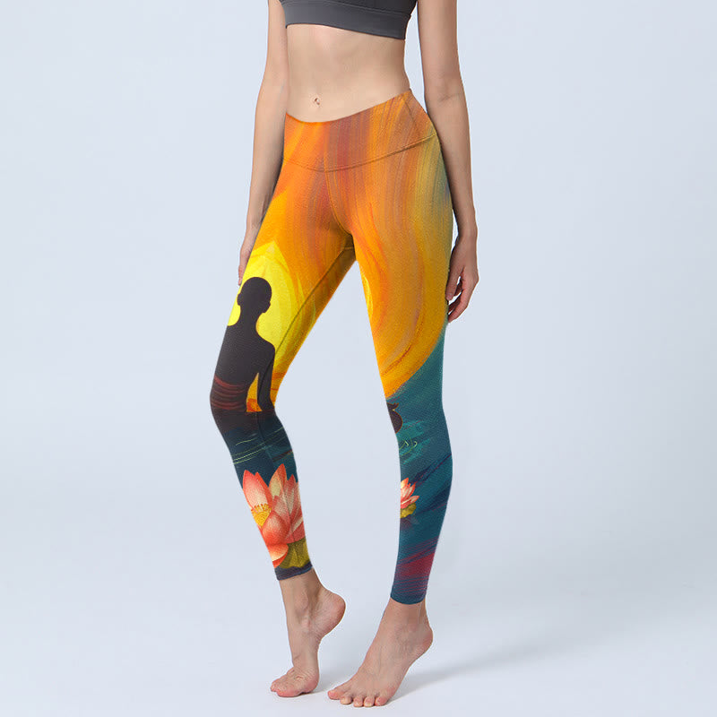 Leggings de sport à imprimé fleurs de lotus et Buddha Stones pour femme - SandyBrown - US18，UK/AU22，EU50 (4XL) - image 0