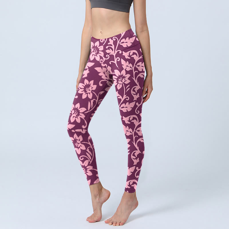 Leggings de sport imprimés Buddha Stones et tournesols roses pour femmes, pantalons de yoga - Rouge violet moyen - US18，UK/AU22，EU50 (4XL) - image 0