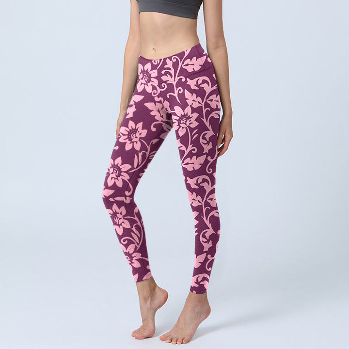 Leggings de sport imprimés Buddha Stones et tournesols roses pour femmes, pantalons de yoga - Rouge violet moyen - US18，UK/AU22，EU50 (4XL) - image 0