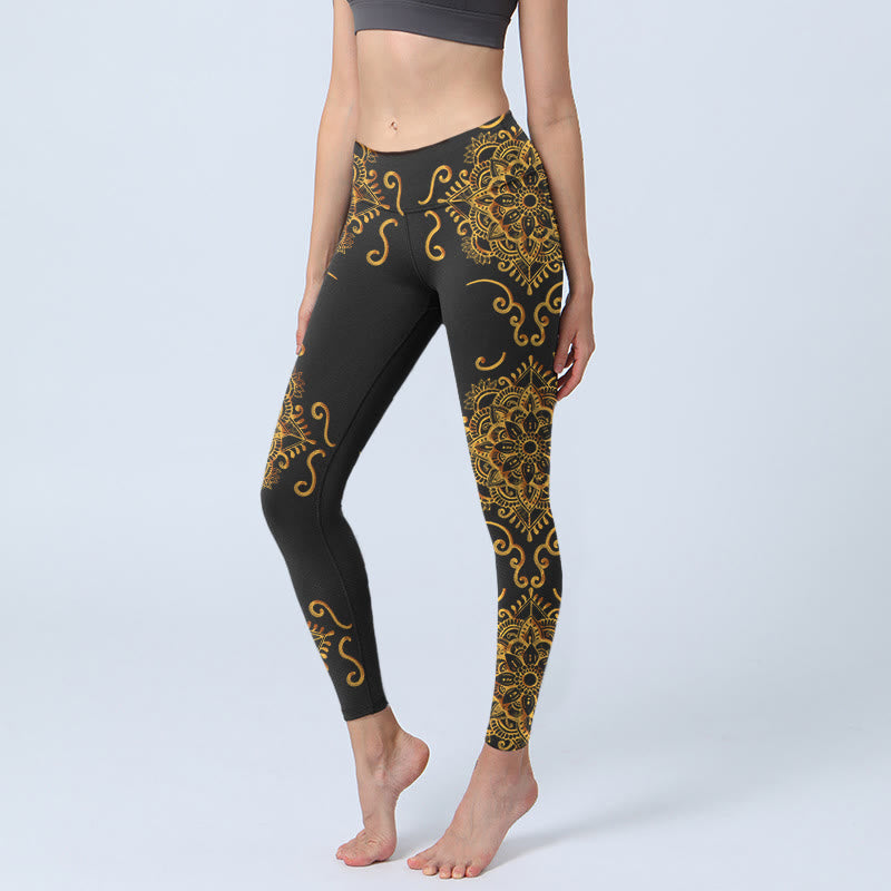 Leggings de sport à imprimé fleurs mandala doré et Buddha Stones pour femme - Noir - US18，UK/AU22，EU50 (4XL) - image 1