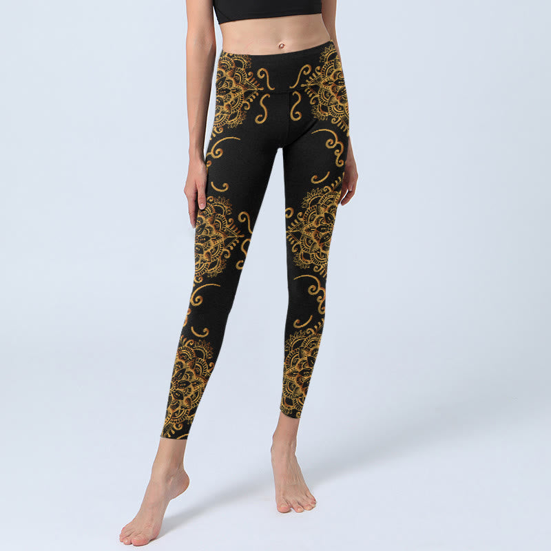 Leggings de sport à imprimé fleurs mandala doré et Buddha Stones pour femme - image 5